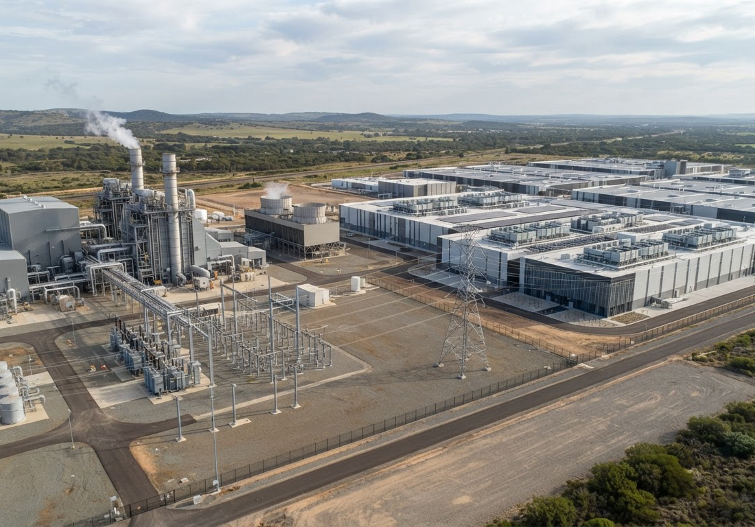 Usina termelétrica a gás com torres e chaminés erguida ao lado de um campus de computação, conectada por linhas de transmissão de energia sob céu claro