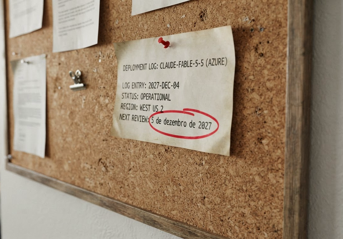 Folha impressa com a captura de um registro de catálogo em nuvem presa a um quadro de cortiça, com uma data circulada em vermelho, iluminada por luz lateral