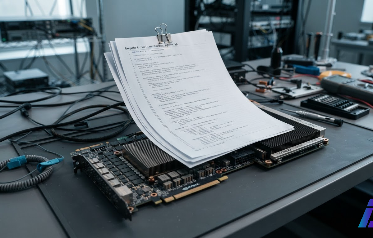 Folhas impressas com código-fonte presas sobre uma placa de GPU e um módulo acelerador em bancada de laboratório, sob luz lateral fria