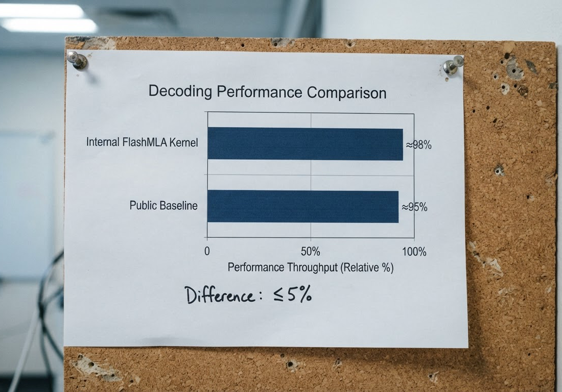 Folha impressa presa com tachinhas em quadro de cortiça, com gráfico de barras quase da mesma altura comparando duas versões de um kernel de decodificação, sob luz fria