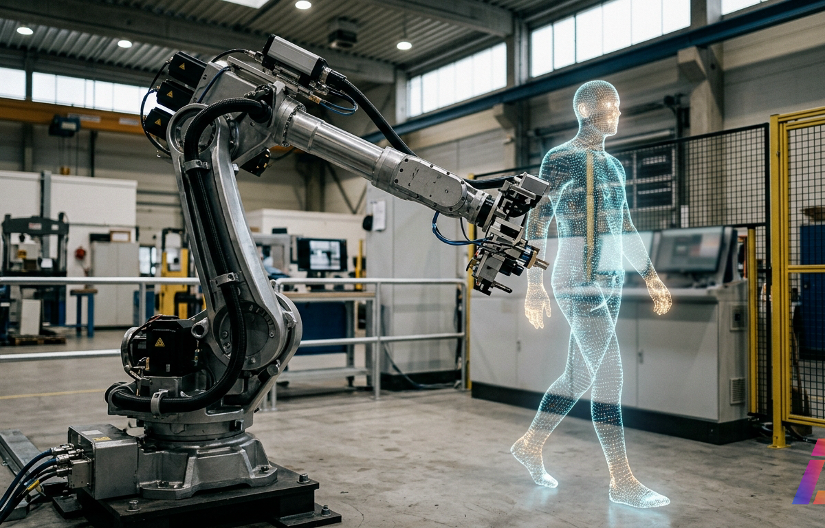 Braço robótico industrial articulado posicionado em galpão de testes ao lado de uma projeção translúcida de figura humana em movimento