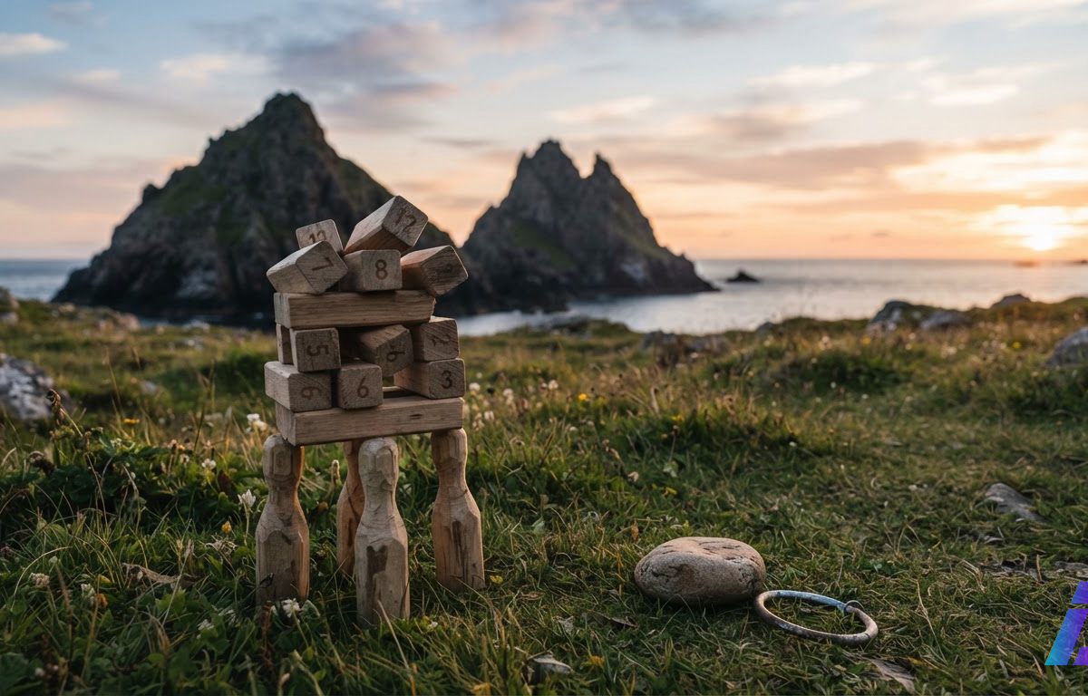 Doze cubos de madeira empilhados como pinos de boliche improvisados sobre a grama de uma ilha, com uma pedra e um anel próximos e dois picos rochosos ao fundo, sob a luz do entardecer