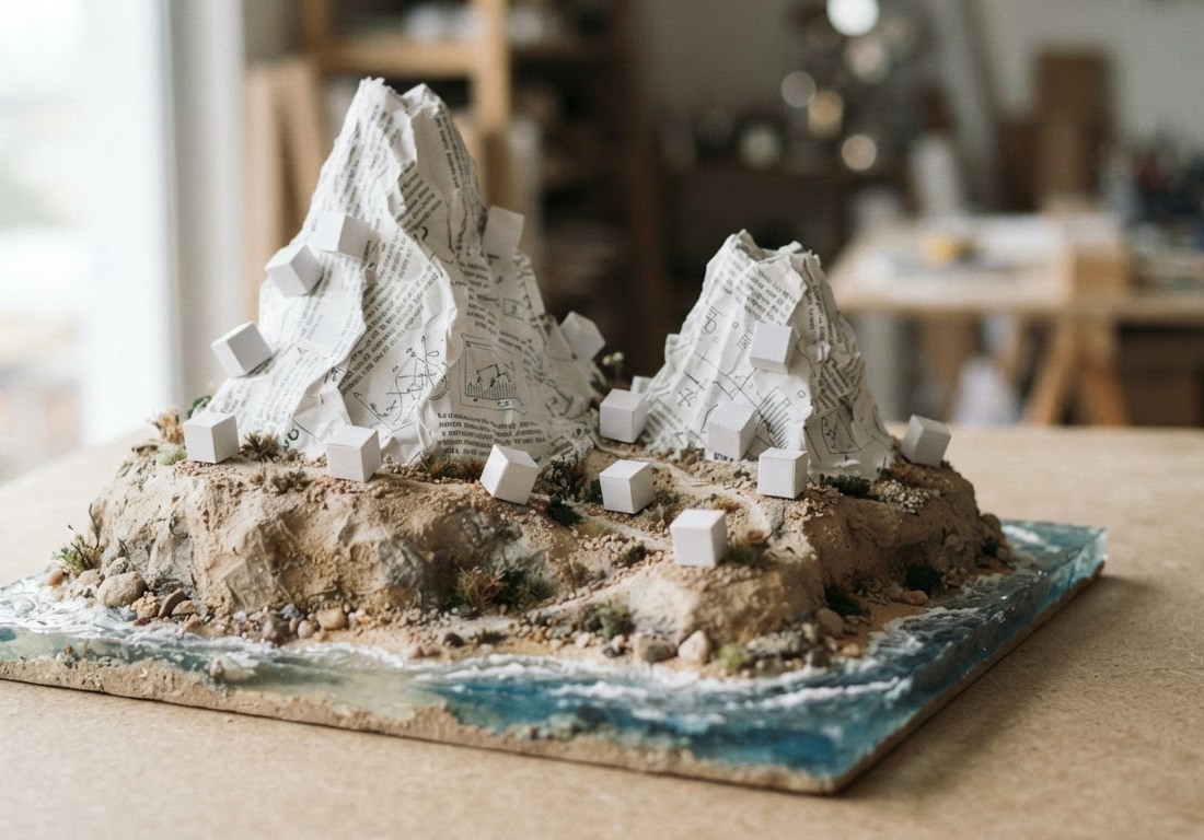 Maquete de ilha deserta com dois picos feitos de papel impresso com texto e doze cubos brancos espalhados pelos morros, iluminada por luz lateral suave