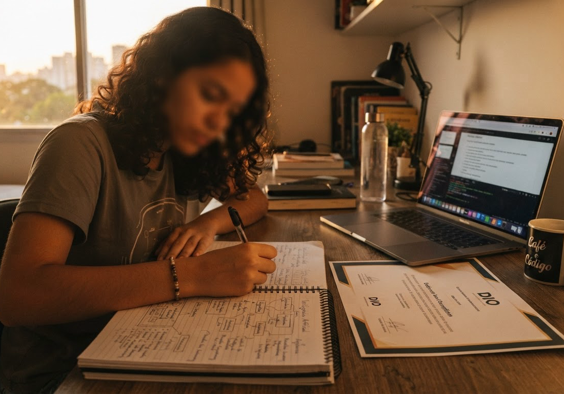 Estudante brasileira anota em caderno durante bootcamp remoto em casa, com certificado impresso ao lado, sob luz de fim de tarde