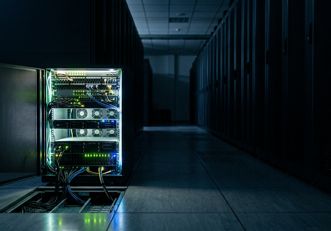 Fotografia noturna em data center mostra corredor simétrico de armários de servidores altos desligados na penumbra azul-escura, contrastando com um único rack compacto aceso no primeiro plano, com dezenas de LEDs verdes e âmbar piscando, ve