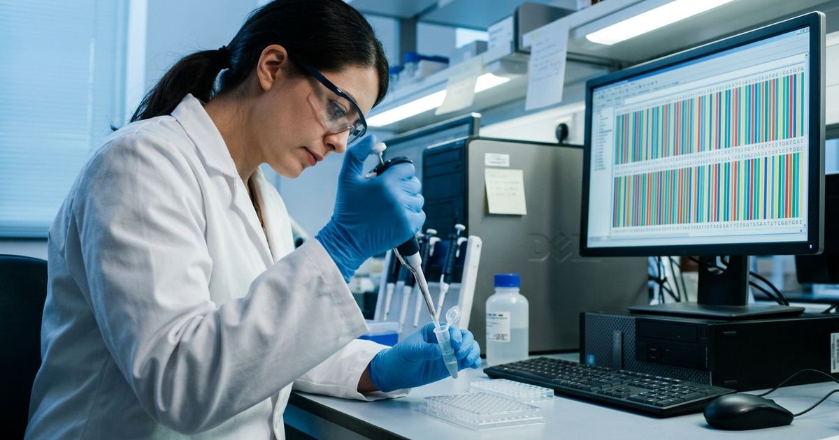 Pesquisadora de jaleco manuseia tubos com amostras de DNA em bancada de laboratório, diante de tela com sequências genéticas em ambiente de luz azulada