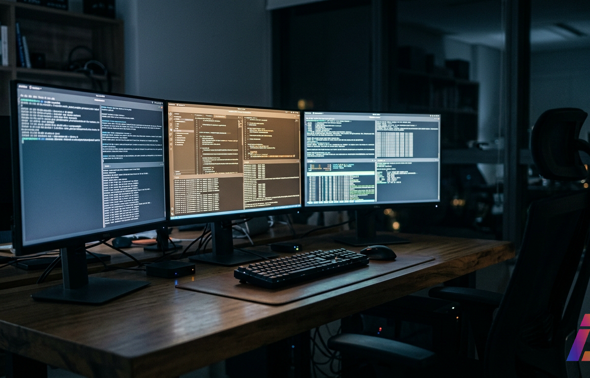 Três monitores em uma mesa de madeira exibem fluxos de processos e terminais em uma sala escura, com uma cadeira de escritório vazia ao fundo.