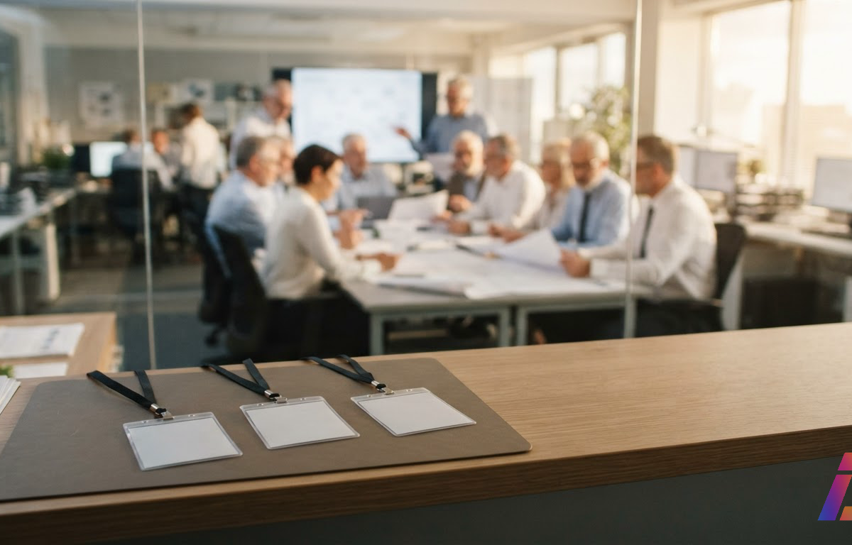 Poucos crachás em branco sobre o balcão de recepção de um escritório de engenharia; ao fundo, desfocados, profissionais reunidos em uma sala de reunião cheia, sob luz natural da tarde.