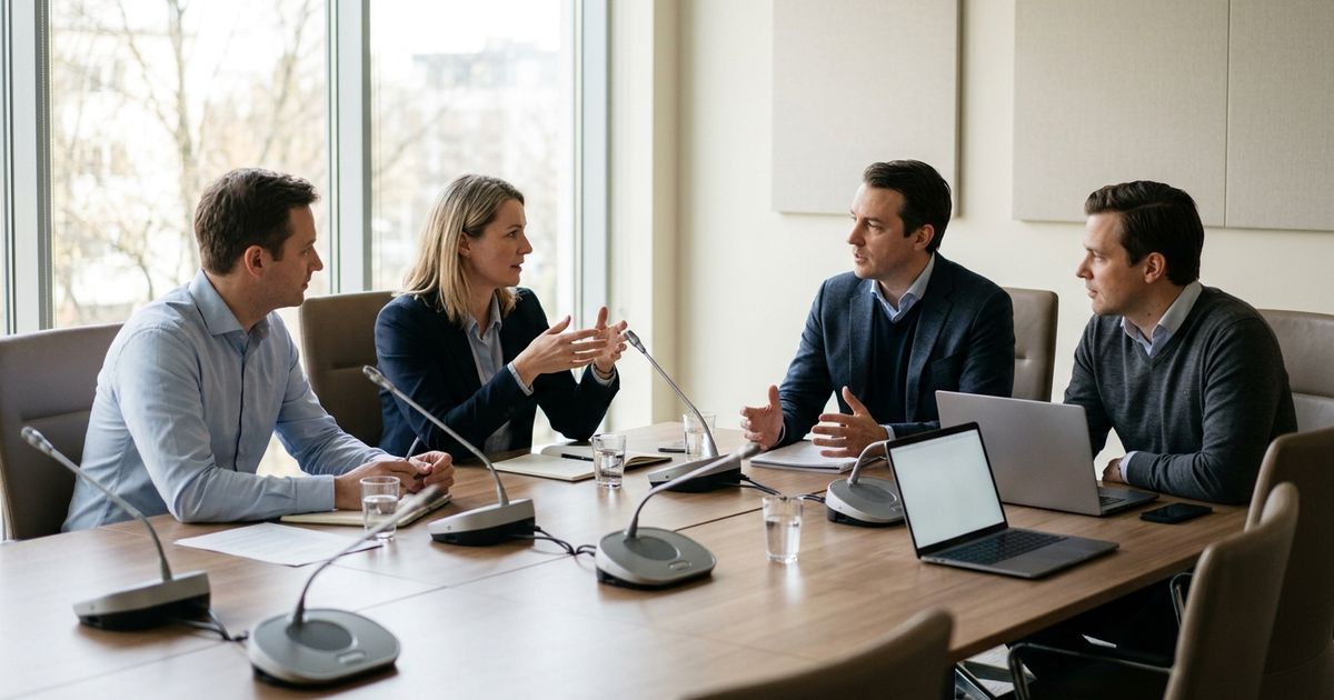 Pessoas reunidas ao redor de uma mesa de conferência clara com microfones direcionais, conversando durante uma reunião de negócios em ambiente corporativo iluminado.