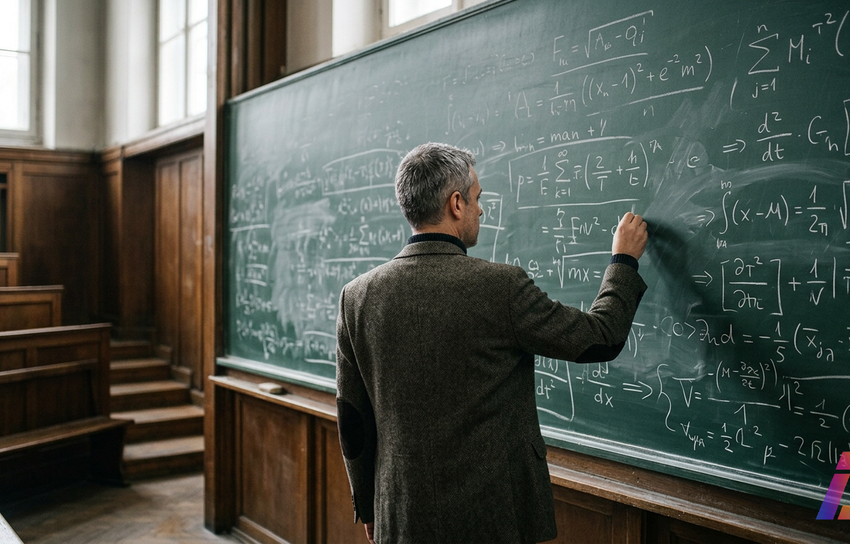 Pesquisador visto de costas segura giz diante de lousa monumental preenchida por equações matemáticas em auditório acadêmico iluminado por luz lateral.