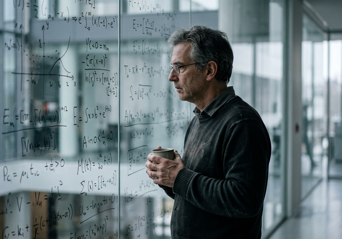 Pesquisador em perfil segurando uma xícara diante de uma divisória de vidro repleta de fórmulas e anotações matemáticas em um instituto contemporâneo sob luz fria.