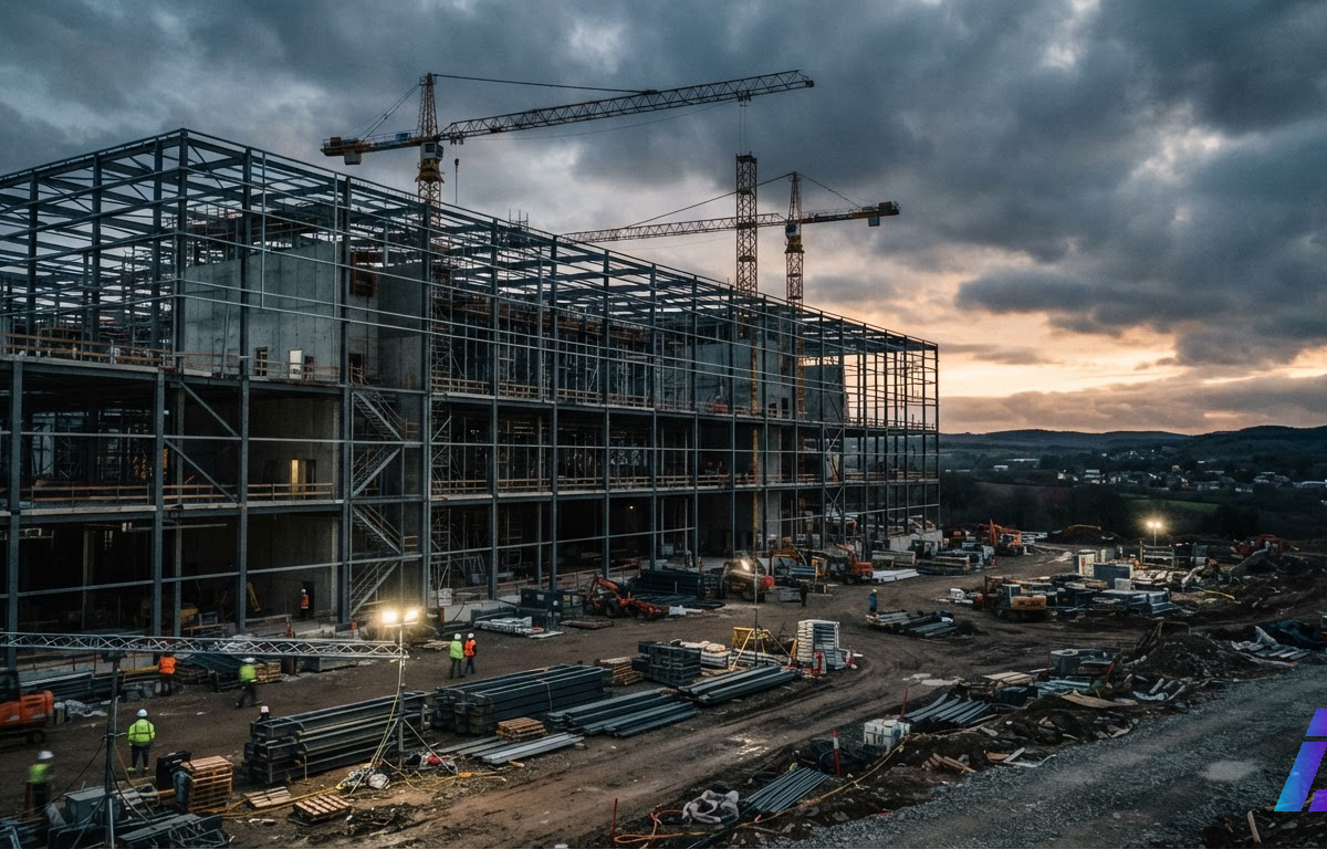 Obra de um enorme galpão de servidores com estrutura de aço inacabada, guindastes parados e céu nublado ao entardecer
