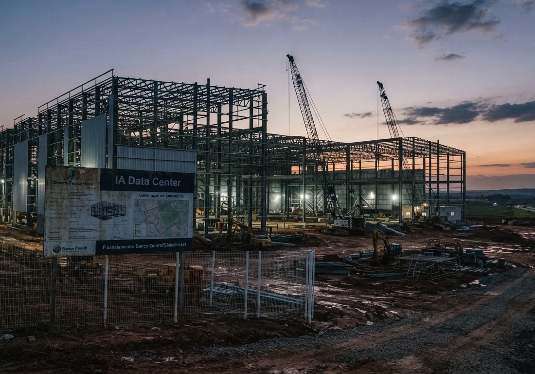 Galpão extenso em construção com estrutura metálica inacabada, guindastes parados e placa de financiamento bancário presa à cerca, sob a luz do entardecer
