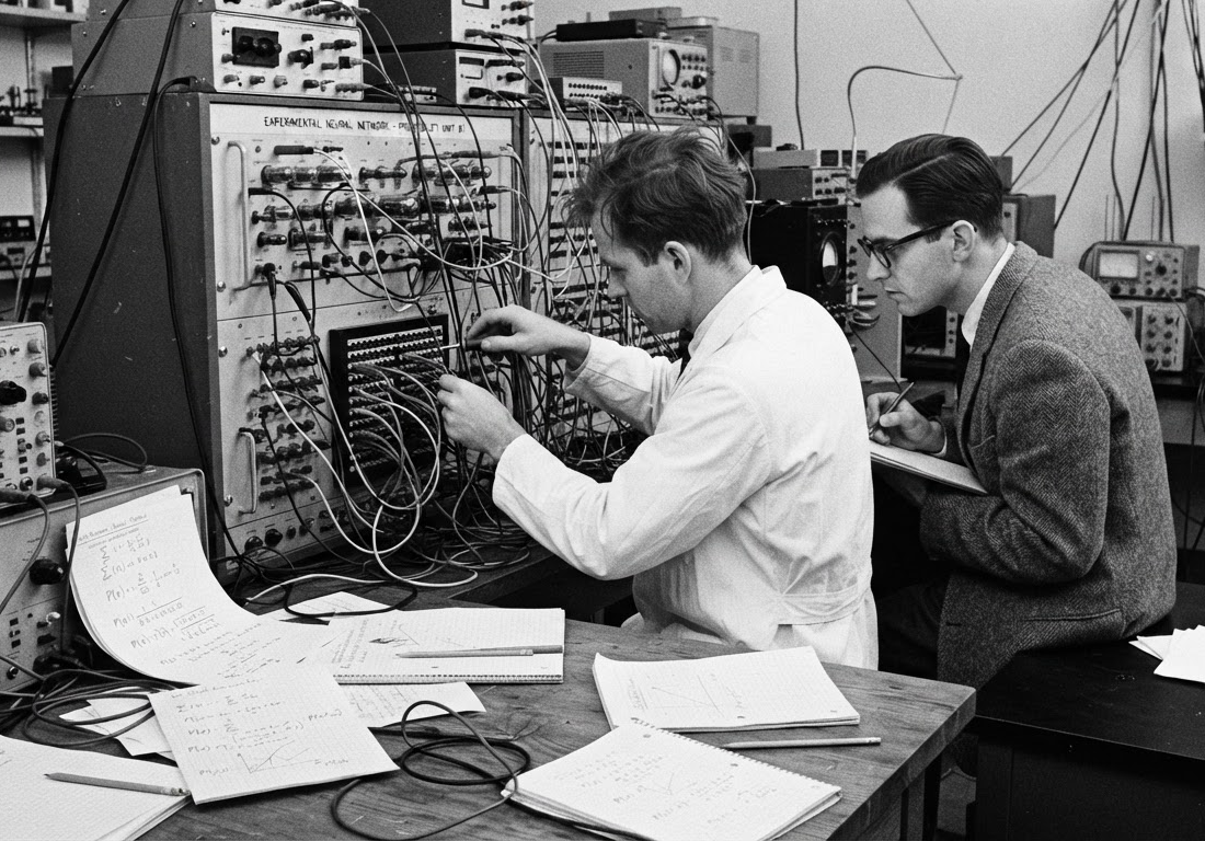 Foto em preto e branco granulada de pesquisadores em jalecos, vistos de costas e de perfil, ajustando fios de um painel eletrônico num laboratório universitário dos anos 1950, com papéis cheios de cálculos de probabilidade espalhados sobre