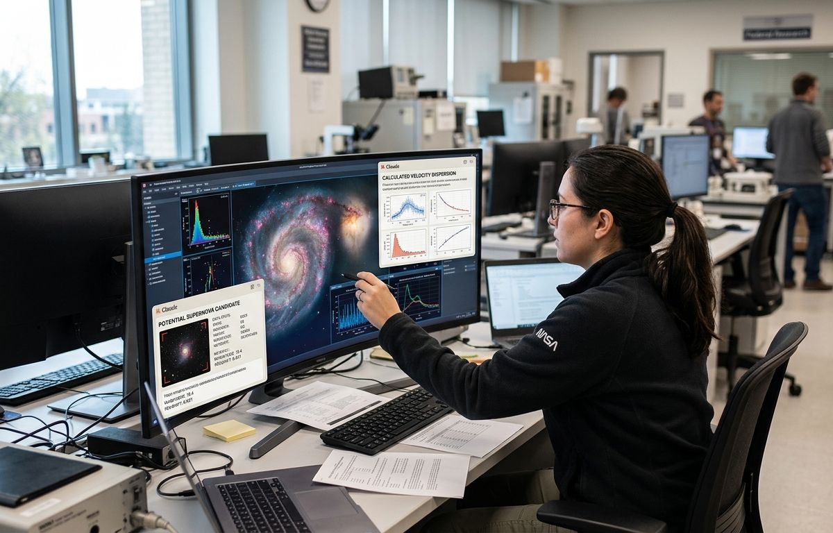 Pesquisadora de costas em laboratório analisa imagens de telescópio em monitor grande, com janelas do assistente Claude destacando dados científicos, sob luz suave em ambiente federal de pesquisa.