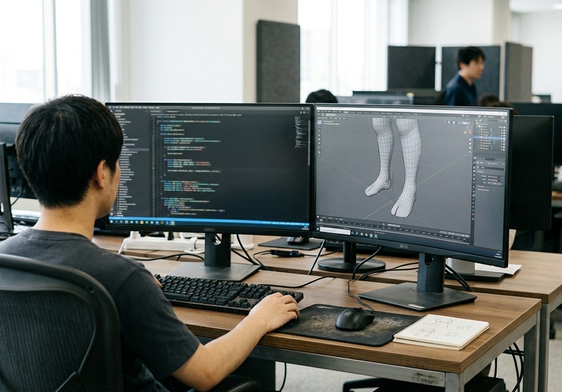 Mesa de desenvolvimento de jogos com monitores exibindo linhas de código de programação e malhas poligonais de modelos tridimensionais, em ambiente de estúdio com iluminação suave.