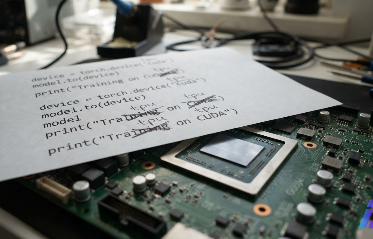 Folha impressa com linhas de código em PyTorch, com a palavra cuda riscada a caneta e tpu escrito à mão acima, apoiada sobre uma placa de circuito com chip, iluminada lateralmente