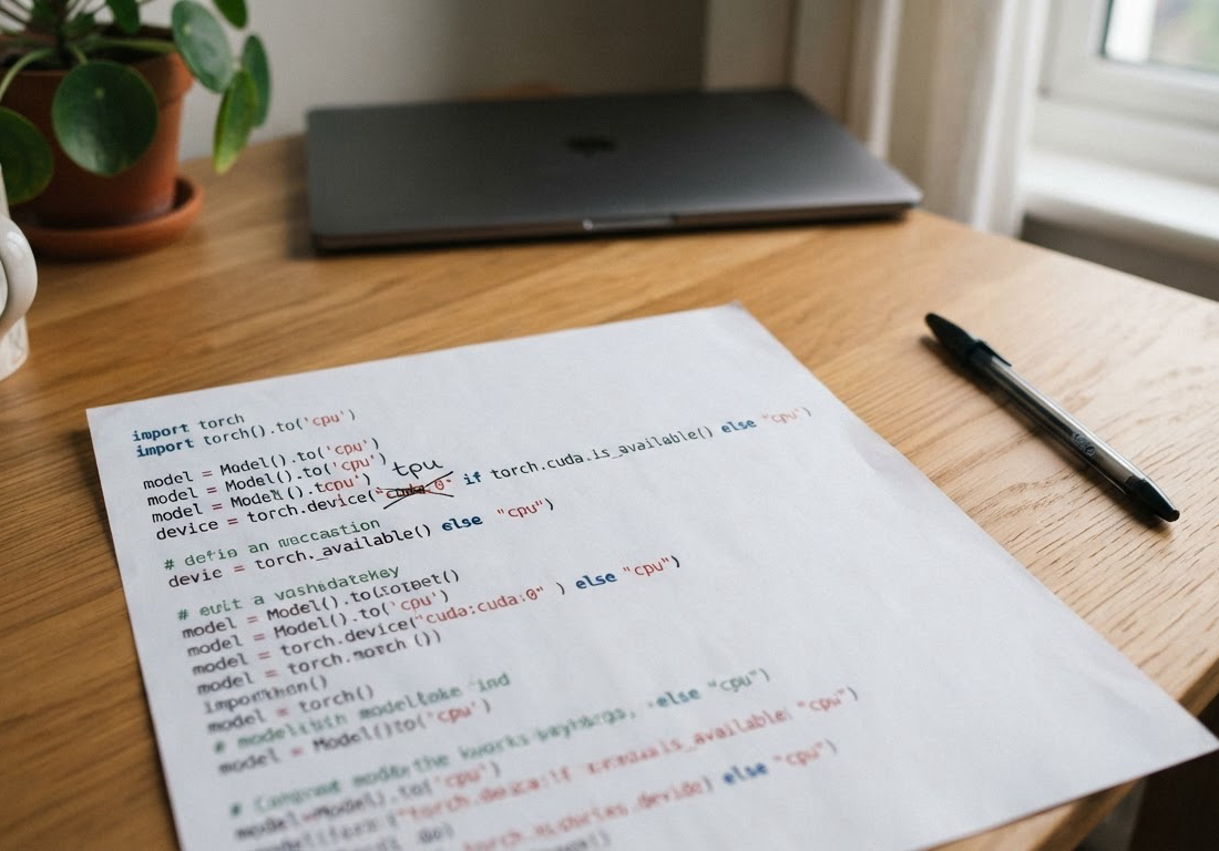 Folha impressa com código Python sobre bancada de escritório, com a palavra cuda riscada à caneta e tpu escrito à mão acima, iluminada por luz natural lateral