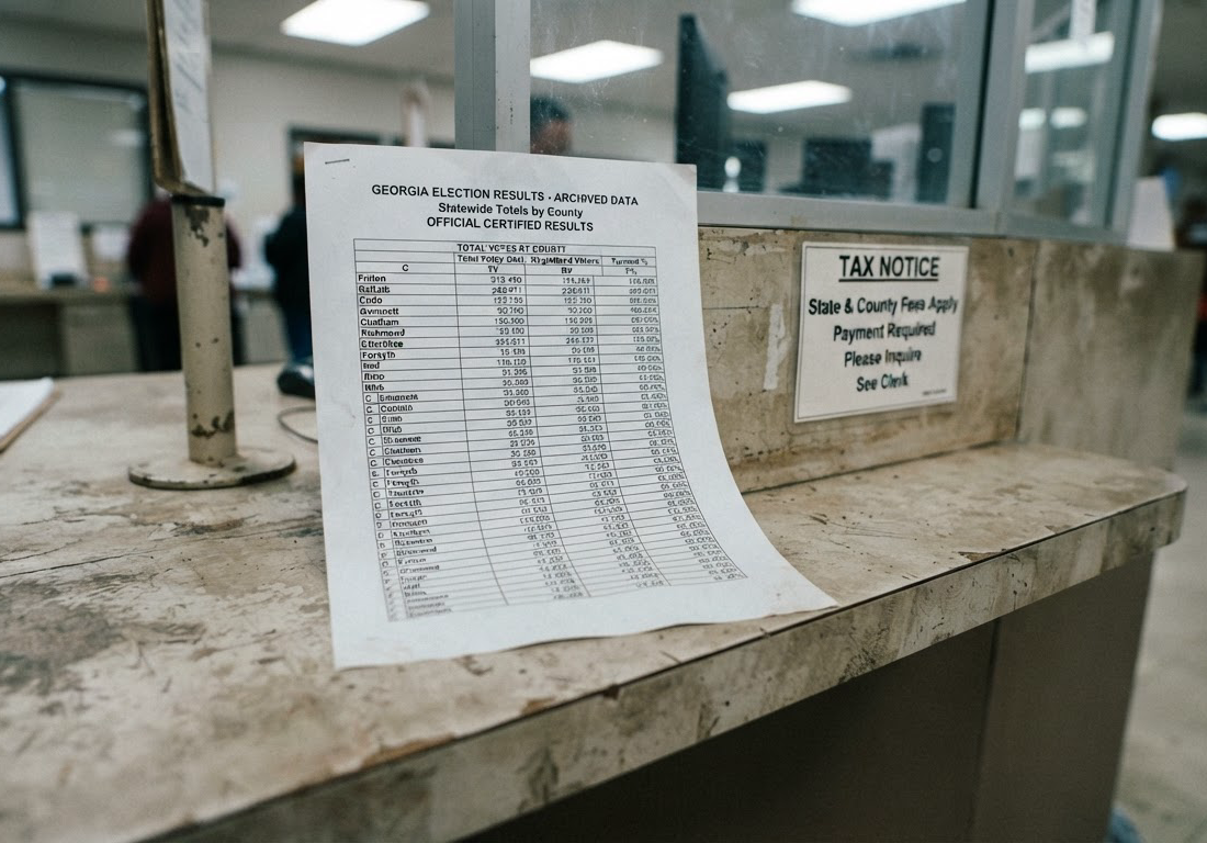 Folha impressa de painel eleitoral com tabela de totais de votos por condado, apoiada sobre balcão de repartição pública ao lado de um aviso de cobrança de taxa, sob iluminação fria