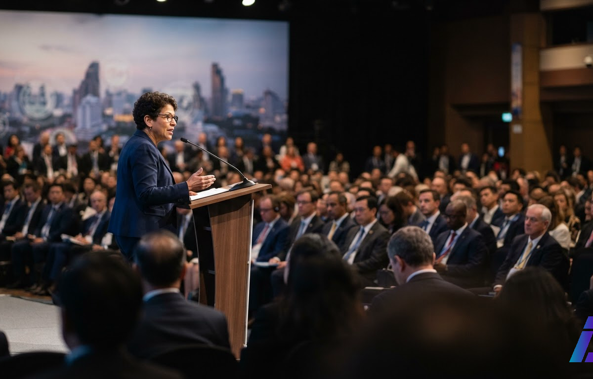 Palestrante discursa em um púlpito iluminado diante de uma plateia em um auditório de conferência internacional, com luz suave de palco