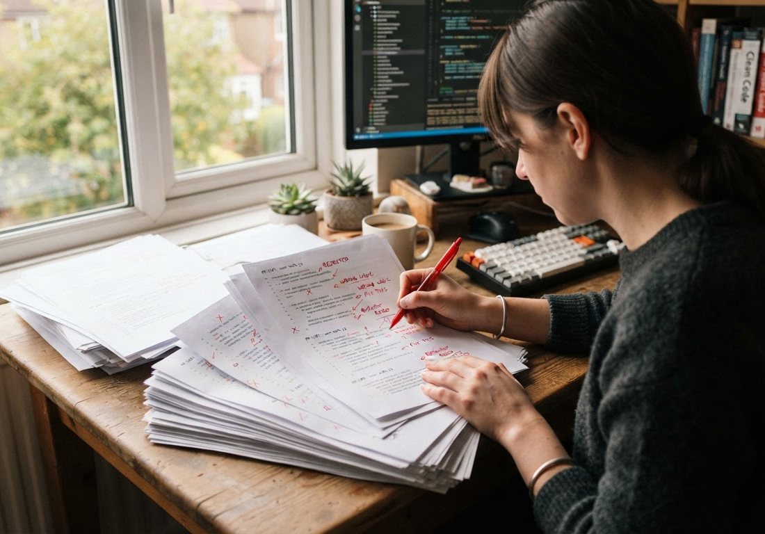 Mãos de uma mantenedora de software marcam com caneta vermelha linhas de código em folhas impressas empilhadas sobre uma mesa, em escritório doméstico iluminado pela luz da tarde