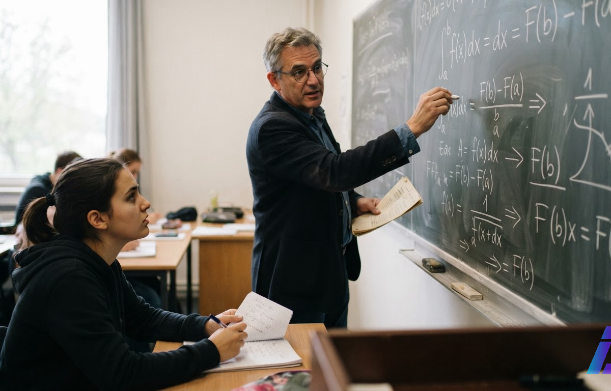 Professor de costas escreve no quadro-negro uma equação com passos omitidos, segurando uma folha de gabarito, enquanto uma aluna sentada à carteira observa com expressão de dúvida, em sala de aula iluminada por luz natural lateral