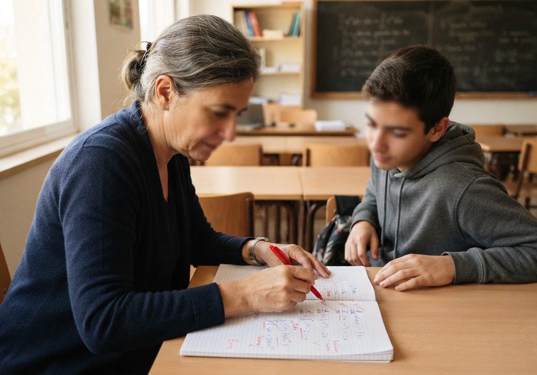 Professor corrige, linha por linha, a solução manuscrita de matemática no caderno de um aluno sentado ao seu lado, em sala de aula iluminada pela luz natural da tarde